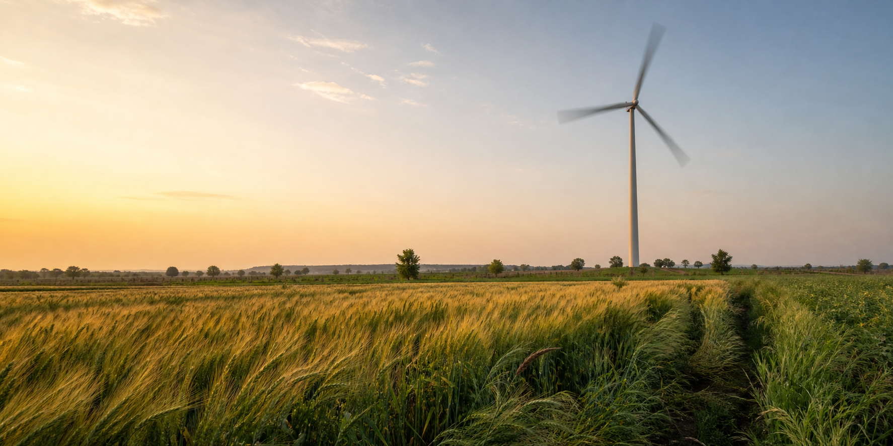 Horizontal-axis wind turbine installed beside agricultural fields